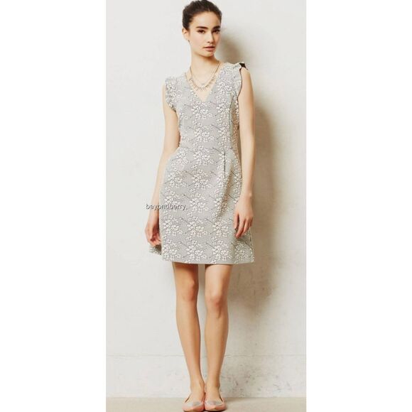 Anthropologie Dress Gray White Floral Lace Sleeveless V Neck Party‎ - Picture 4 of 14